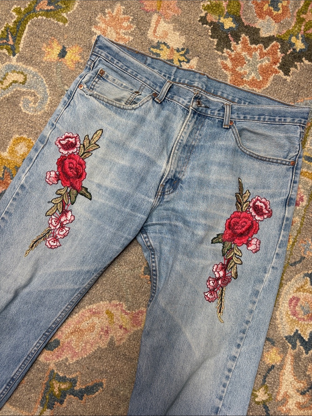 Upcycled Levi’s 505 Floral Embroidered Jeans